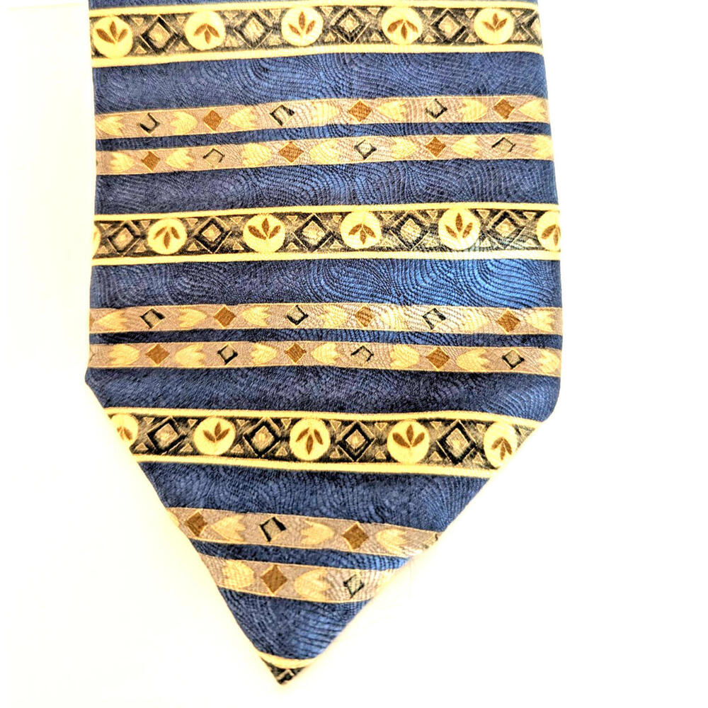 Vintage Geoffrey Beene 100% Silk Neck Tie Gold Blue Stripes Pattern 4" x 59"